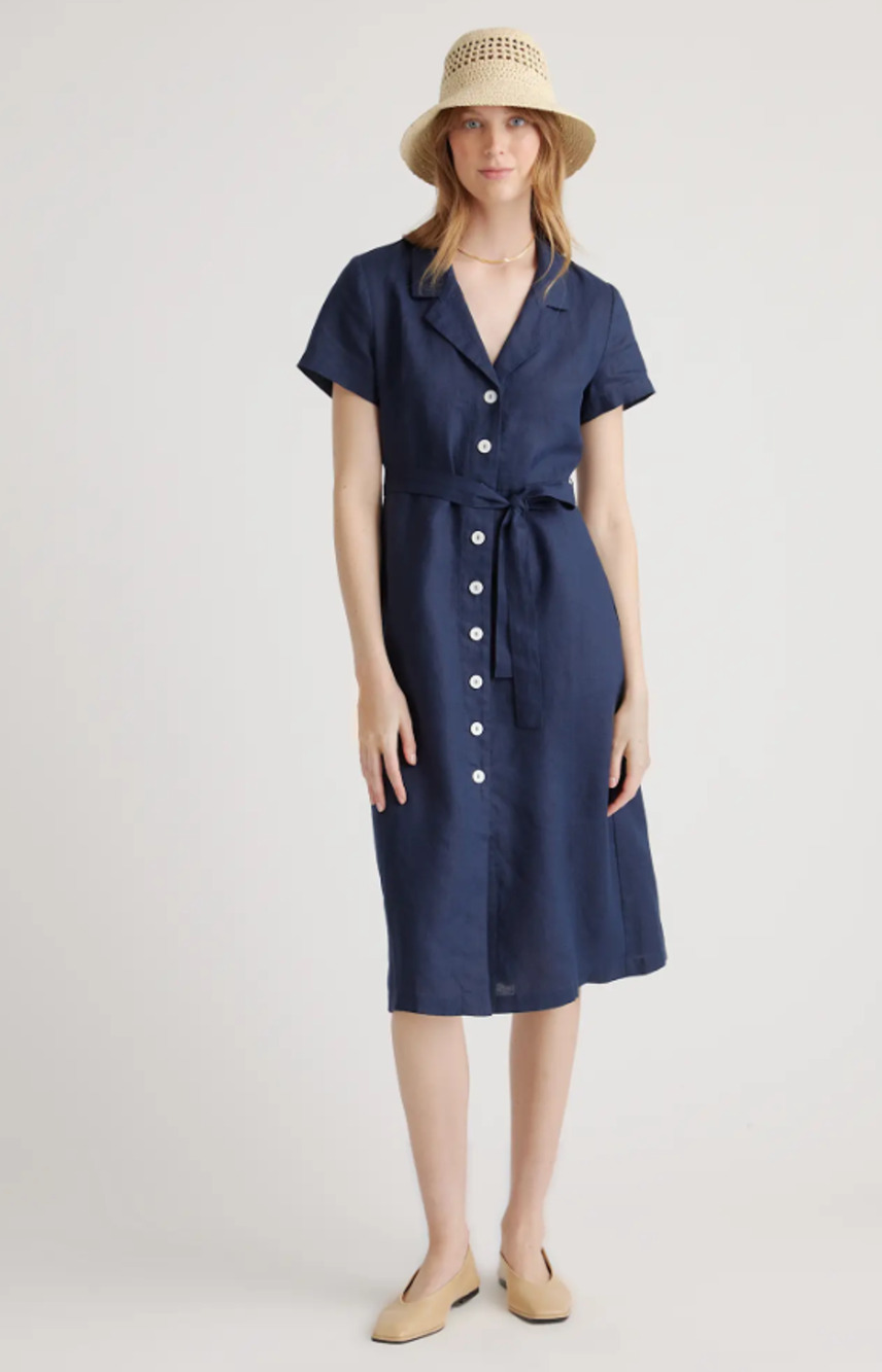 Quince 100% European Linen Button Front Midi Dress Navy Blue Sz L Classic Preppy